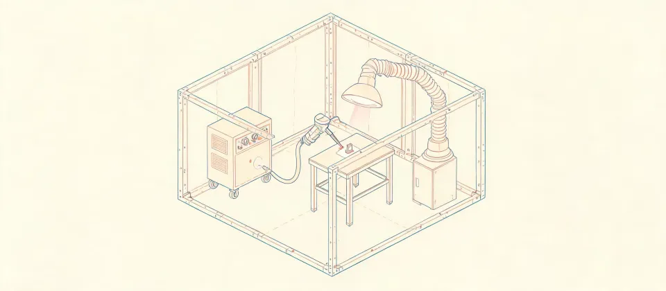 Illustration of a handheld laser welding bay layout used as a discussion sketch, not a mapped storefront