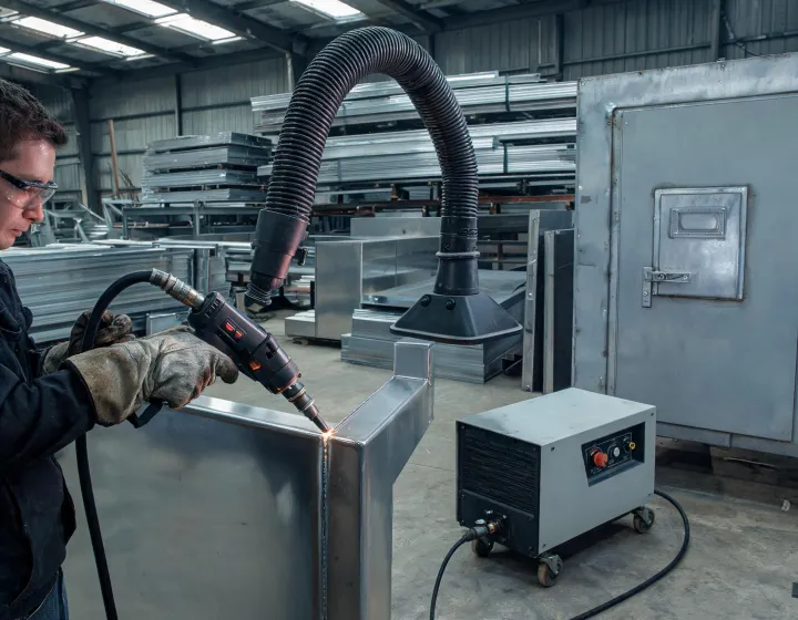 Operator using a handheld laser welding torch on a steel joint inside a guarded bay